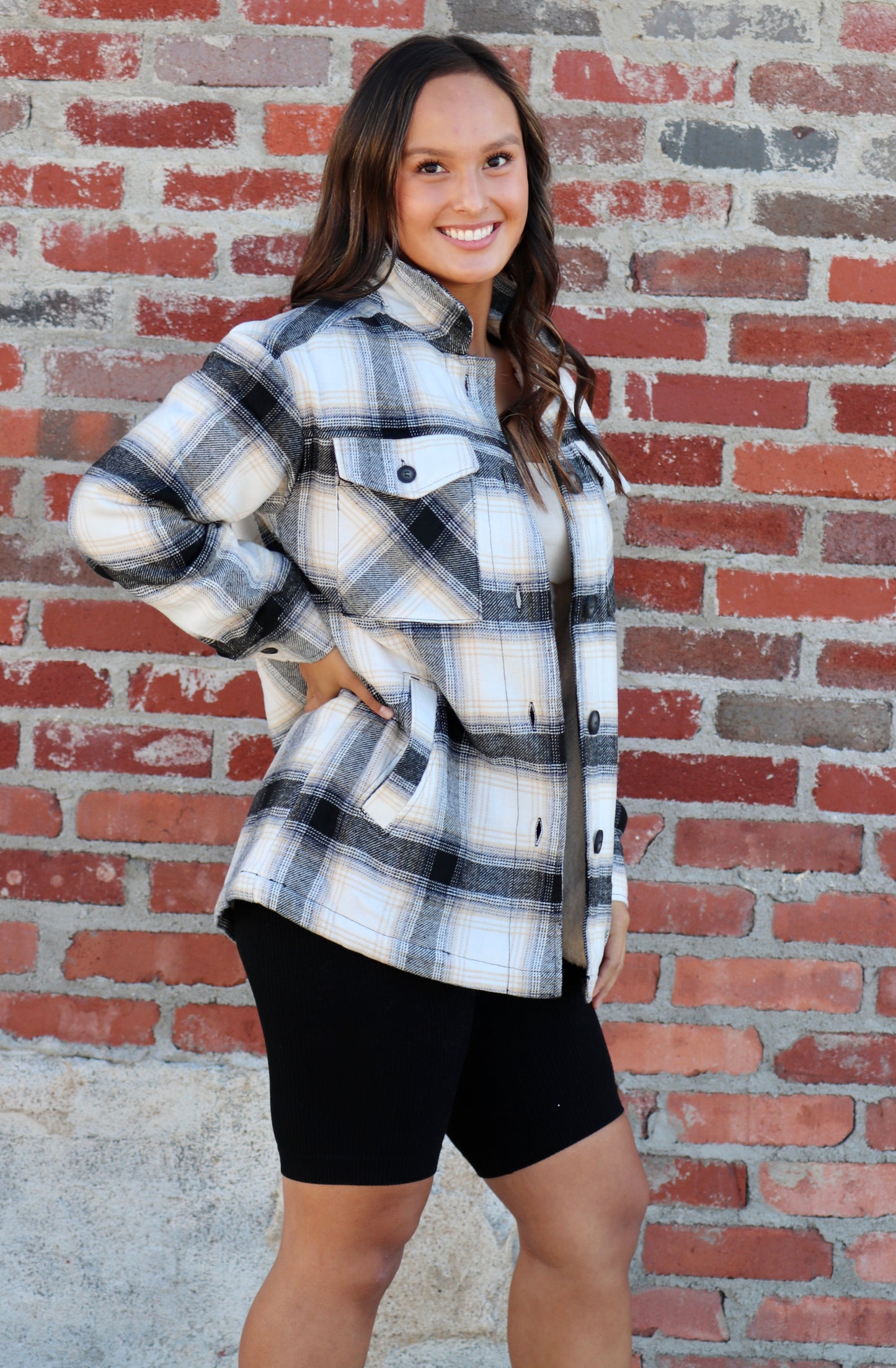Plaid Button Up Shacket w/Sherpa Lining