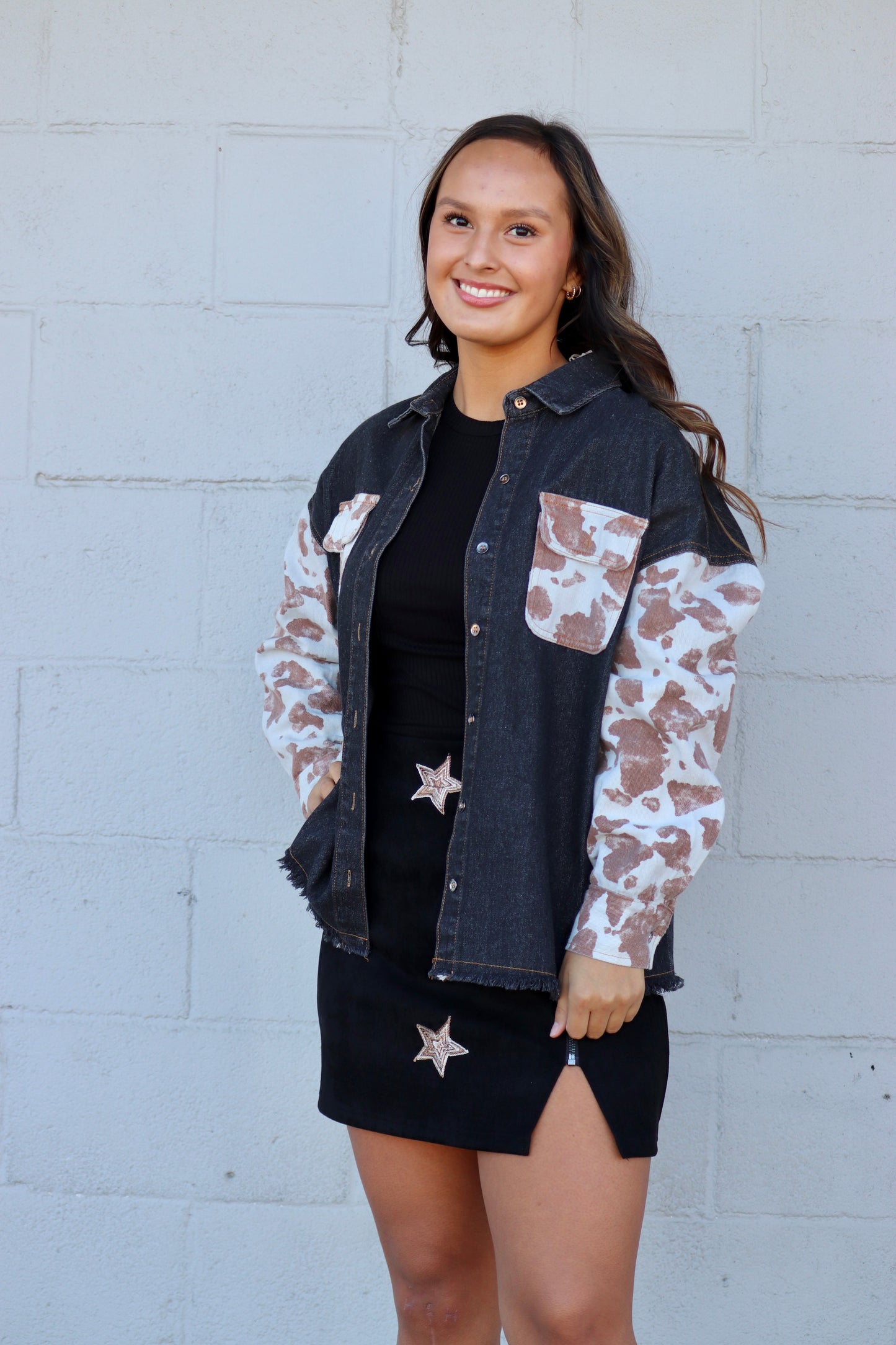 Cow Print Button Down Denim Jacket