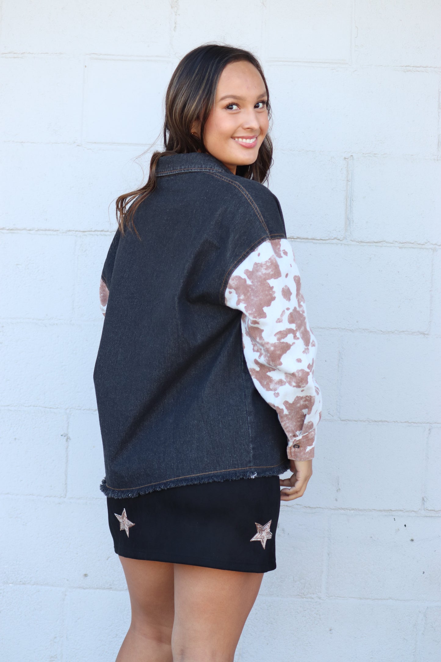 Cow Print Button Down Denim Jacket
