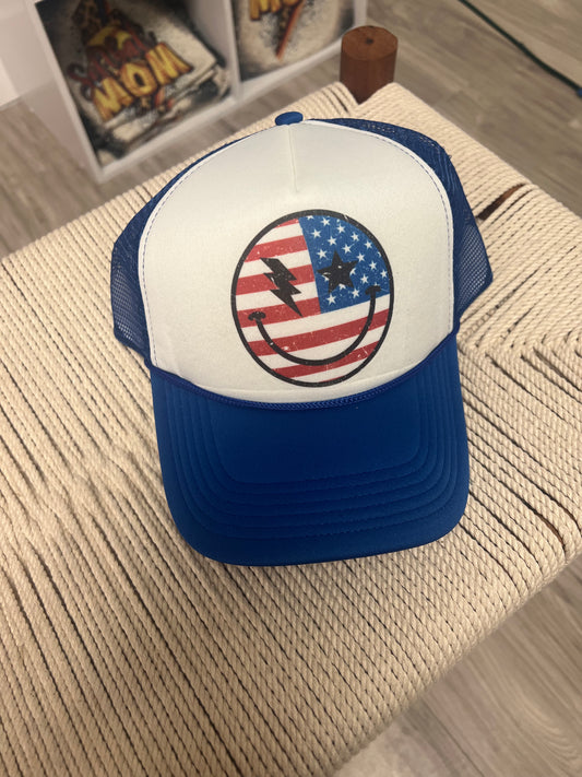 Blue Smiley Trucker Hat