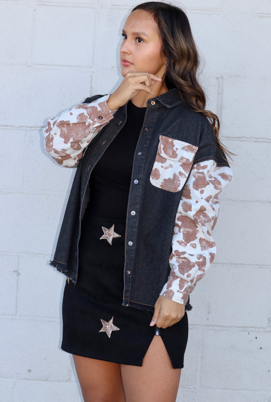 Cow Print Button Down Denim Jacket