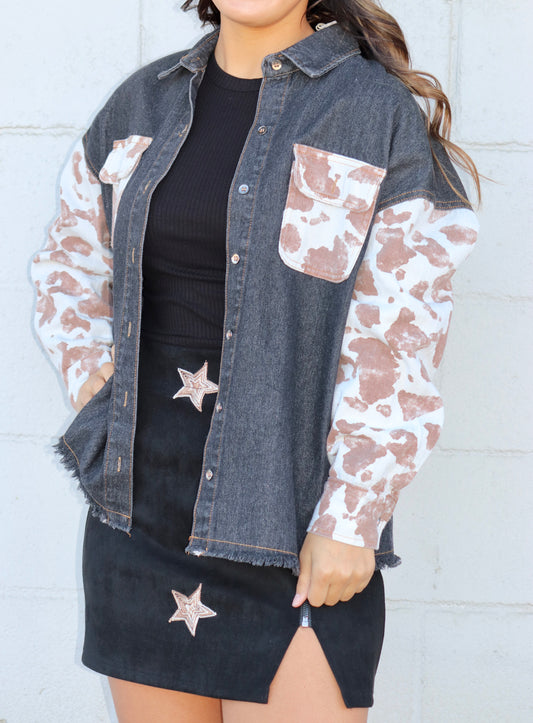 Cow Print Button Down Denim Jacket