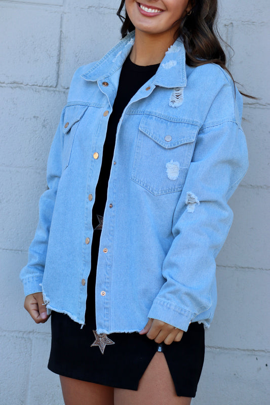 Button Down Distressed Denim Jacket