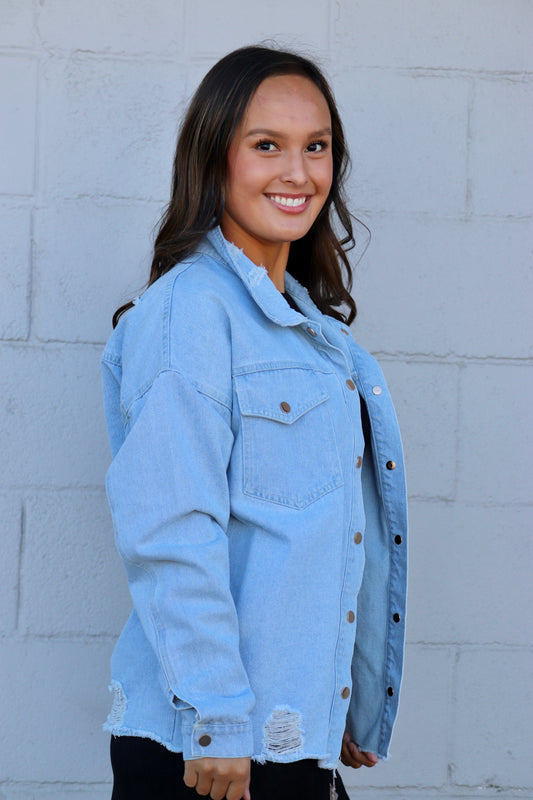 Button Down Distressed Denim Jacket